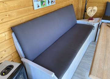 Cuscino per panca con schienale realizzato su misura 54-52x115x8cm nel colore Sunny Orage/Dunkelgrau